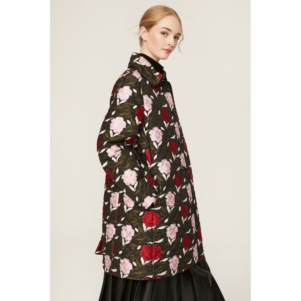 Kate Spade New York Sz XL Quilted Floral Rose Jacket Coat Black Pink Red - Picture 13 of 16